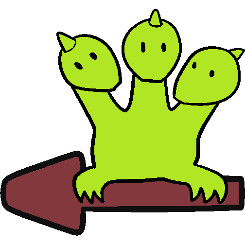 A green hydra standing above a red arrow pointing left.